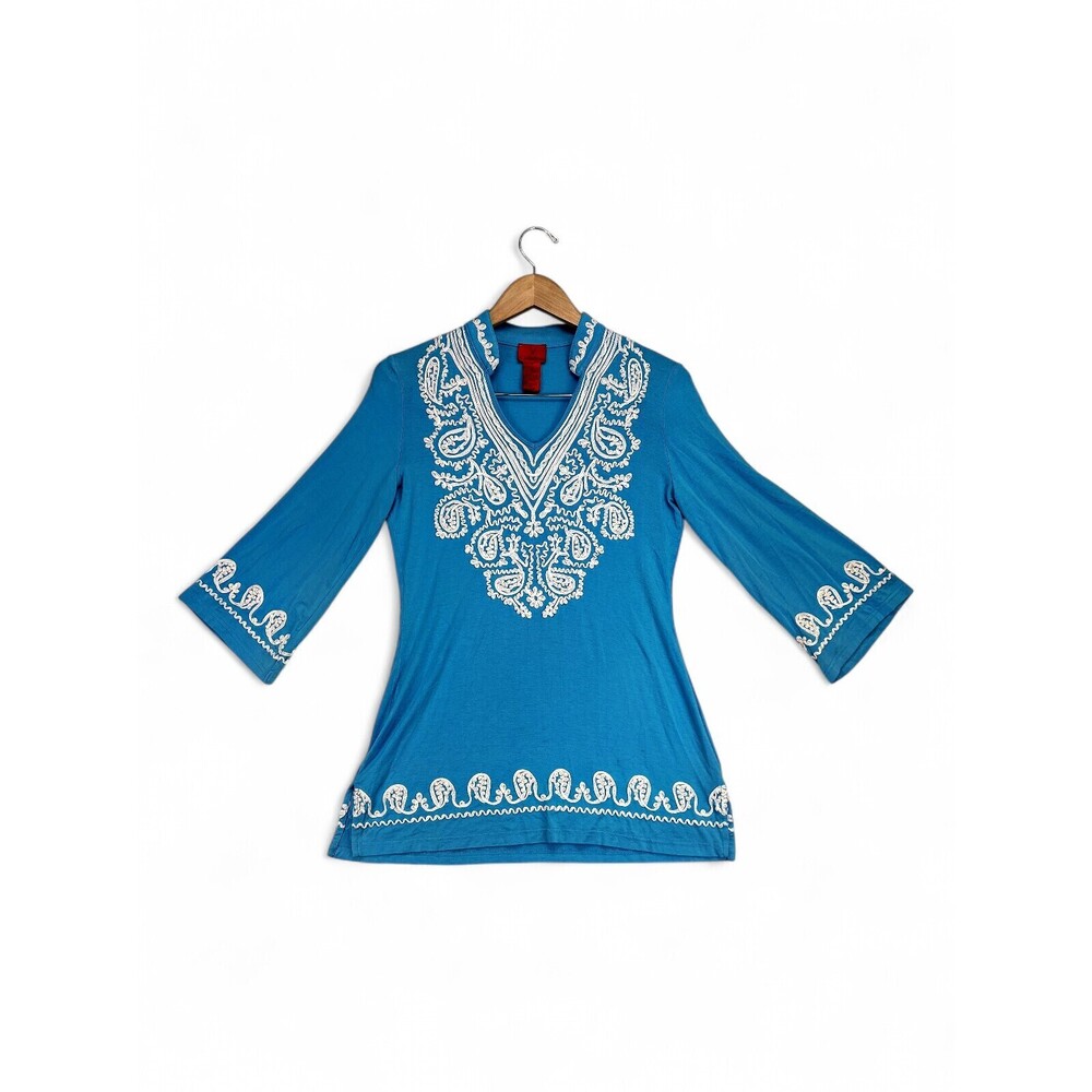 Cristina Embroidered Blue V-Neck Tunic Top Size‎ S